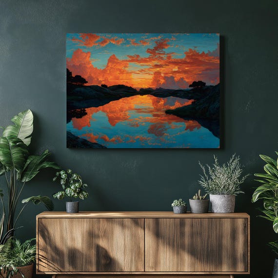 Sunset Lake Reflection Canvas Wall Art Colorful Landscape Print Dramatic Sky Painting Orange And Blue Decor Serene Water Scene Nature Gift