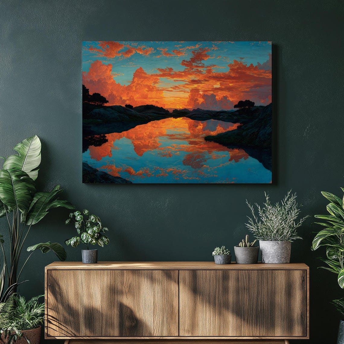 Dramatic Sunset Lake Reflection With Fiery Orange Clouds Canvas Print