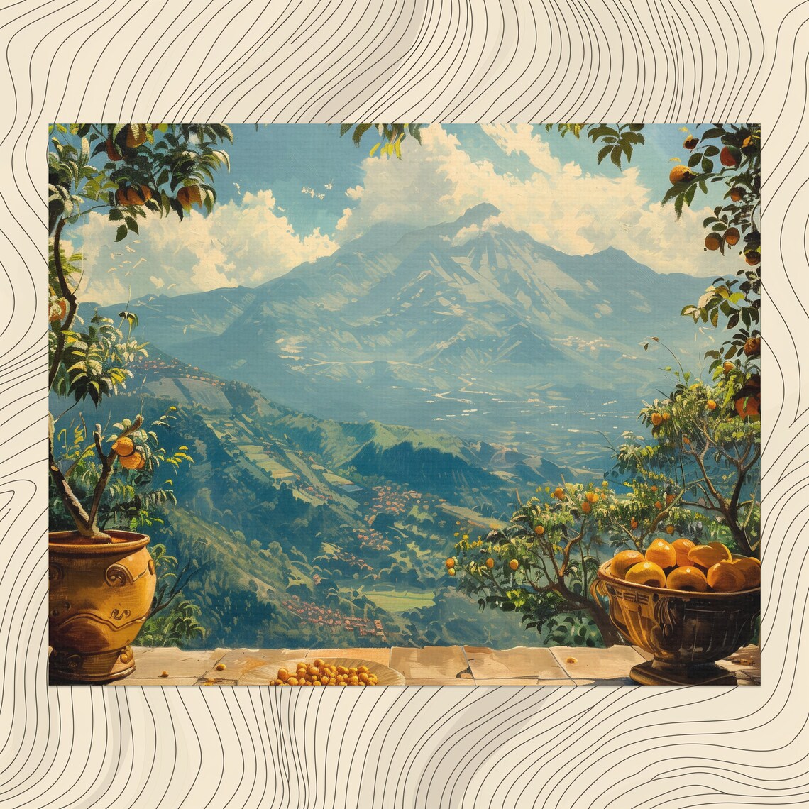 Sunny Mountain Terrace Citrus Trees Scenic Landscape View Poster