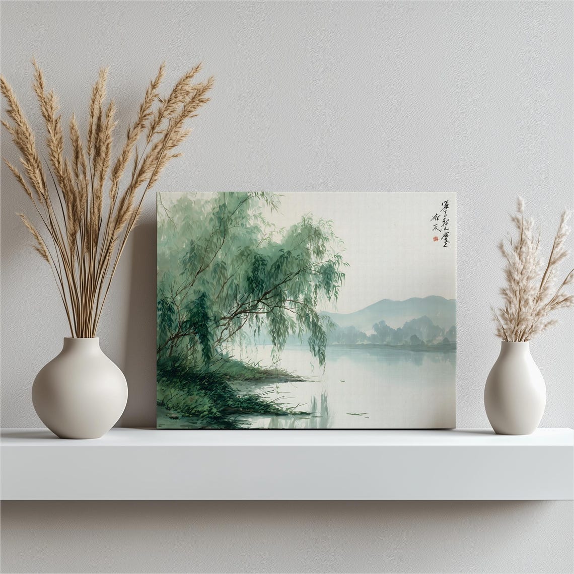 Chinese Willow Tree Riverbank Mountains Ink Landscape Art Poster