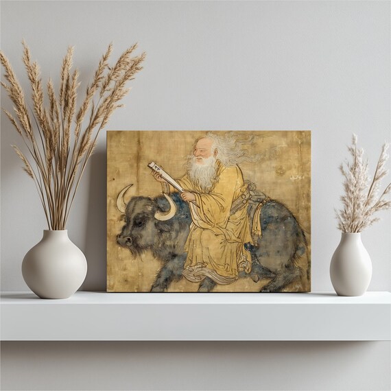 Daoist Sage Canvas Wall Art Water Buffalo In Ink Wash Print Traditional Asian Zen Decor Chinese Painting Spiritual Gift