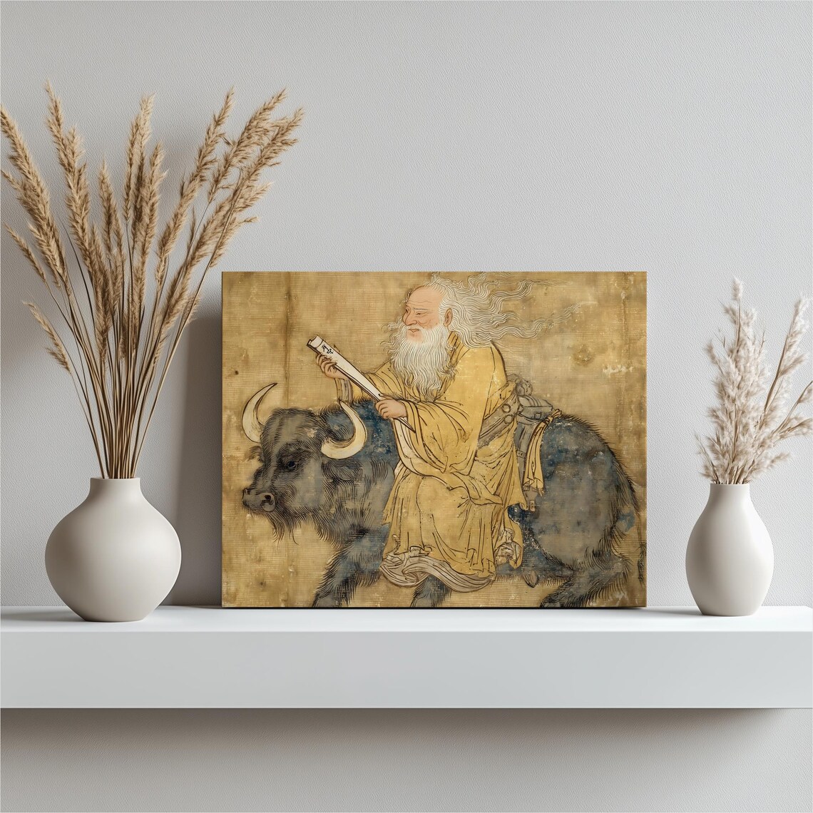 Daoist Sage Riding Water Buffalo Traditional Ink Wash Painting Poster