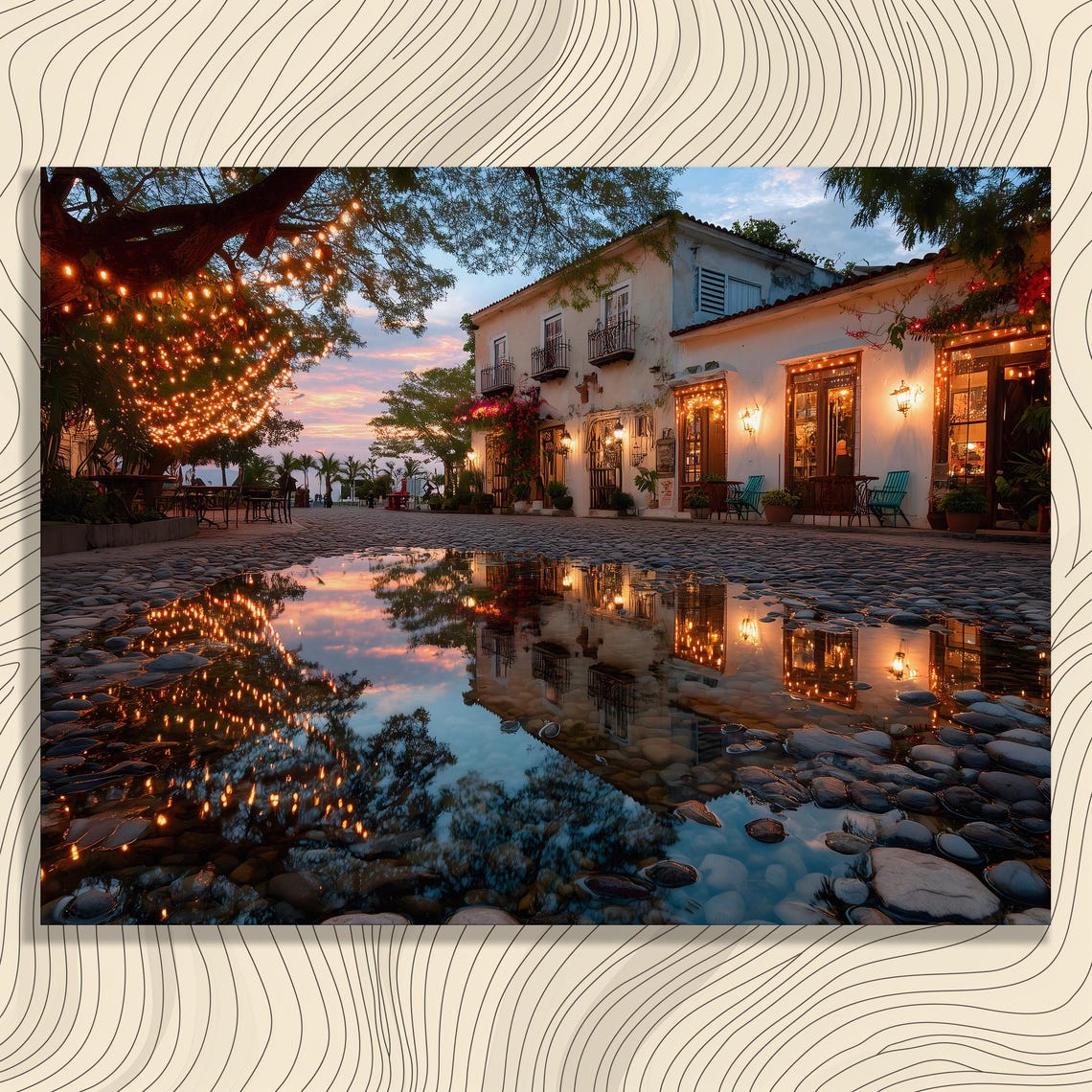 Tropical Twilight Street String Lights Cobblestone Reflection Poster