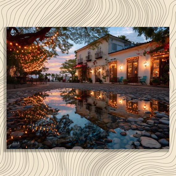 Tropical Twilight Street Canvas Wall Art Bougainvillea String Lights Cobblestone Reflection Coastal Cityscape Sunset Print Travel Lovers