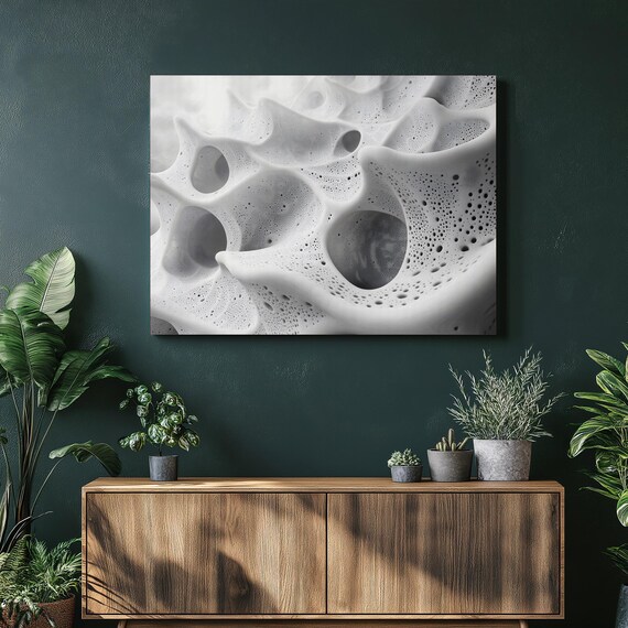 Monochrome Fractal Geometry Canvas Wall Art Abstract Porous 3d Surface Texture Minimalist Black And White Modern Decor Large Size Print