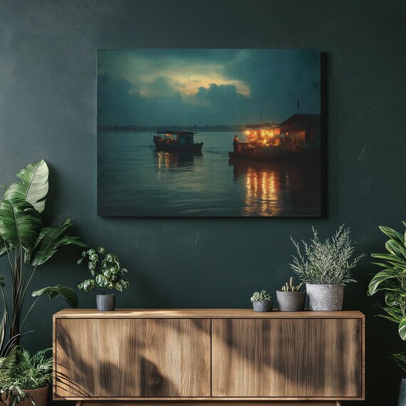 Twilight River Boats Canvas Wall Art Night Water Reflection Painting With Floating Market Lights Moody Sky Coastal Decor Dark Modern Print