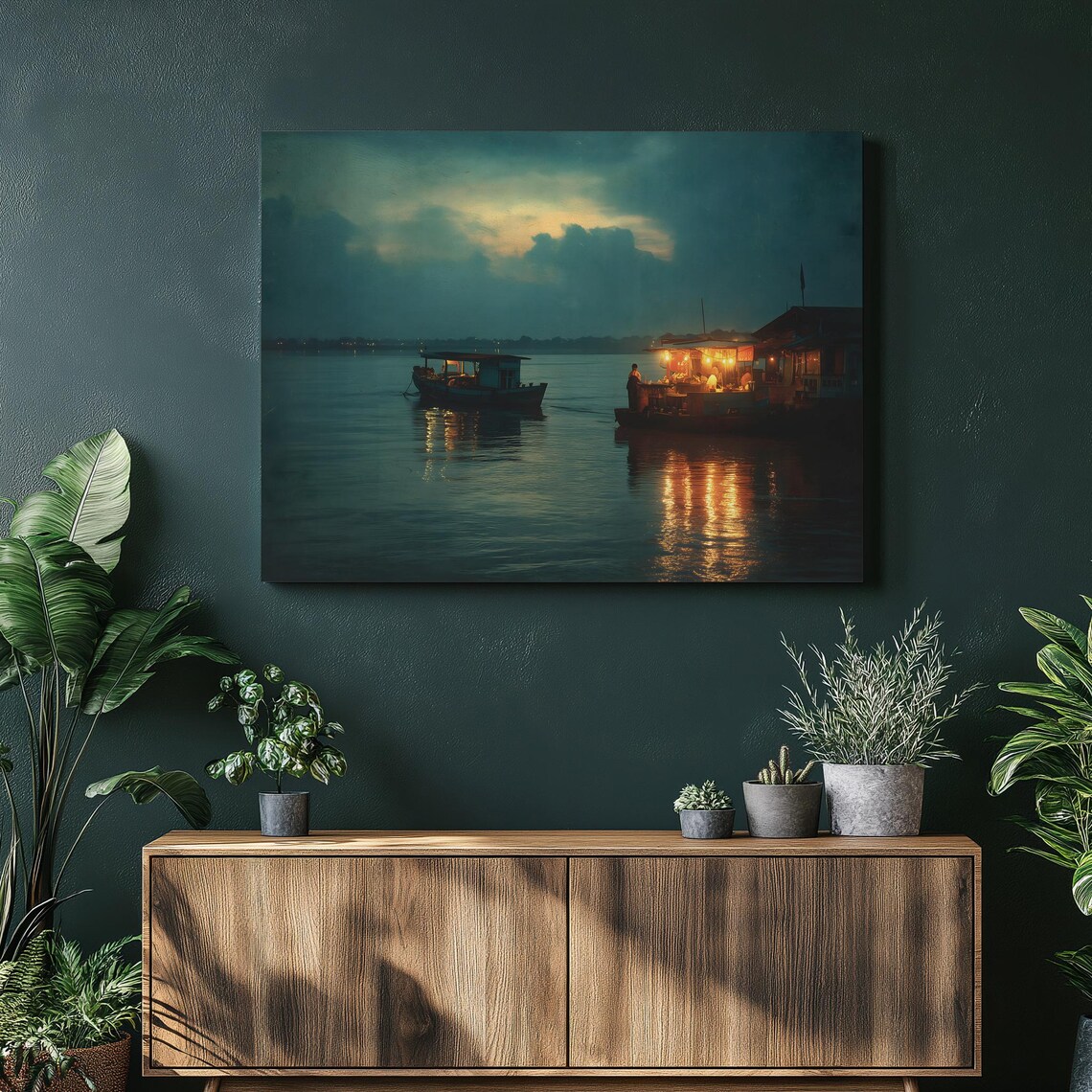 Twilight River Boats Glowing Lanterns Night Water Reflection Canvas Wall Art