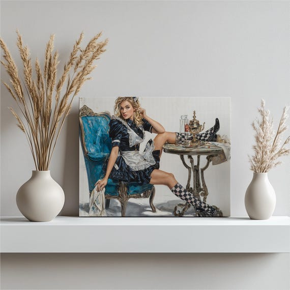Modern Maid Tea Scene Canvas Wall Art Photorealistic Woman Painting Blue Chair Elegant Set Realism Portrait Print Gift
