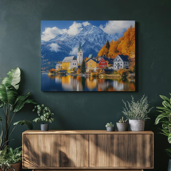 Lakeside Wall Art Scenic Painting Mountain View Autumn Landscape Village Scene Rustic Charm Lake House Nature
