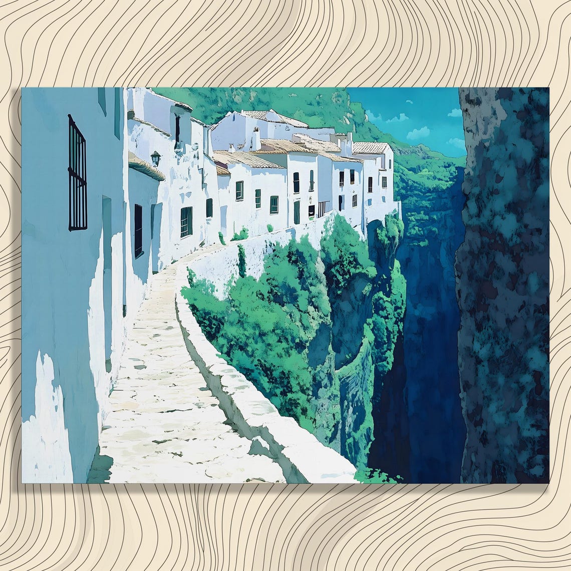 White Cliffside Mediterranean Village Coastal Illustration Wall Art