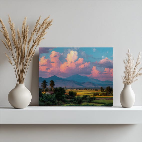 Dreamy Landscape Canvas Wall Art Sunset Mountain Fields Farmhouse Rustic Green Pink Sky Nature Scene Oil Painting Home Decor Print