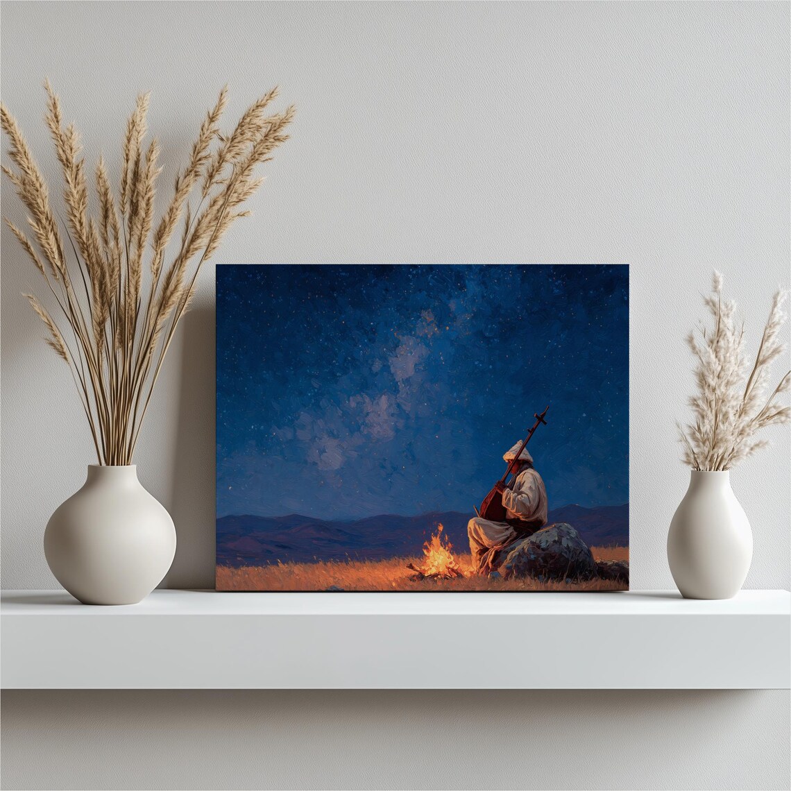 Musician Playing by Campfire Under Starry Night Sky Painting Poster