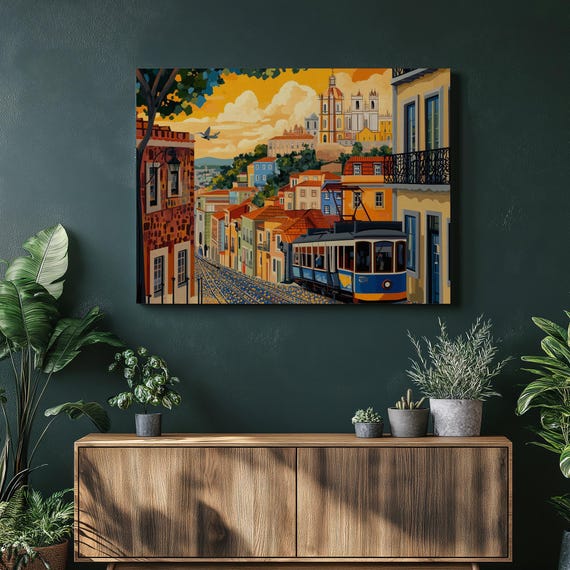 Lisbon Cityscape Vintage Travel Poster, Portugal Decor