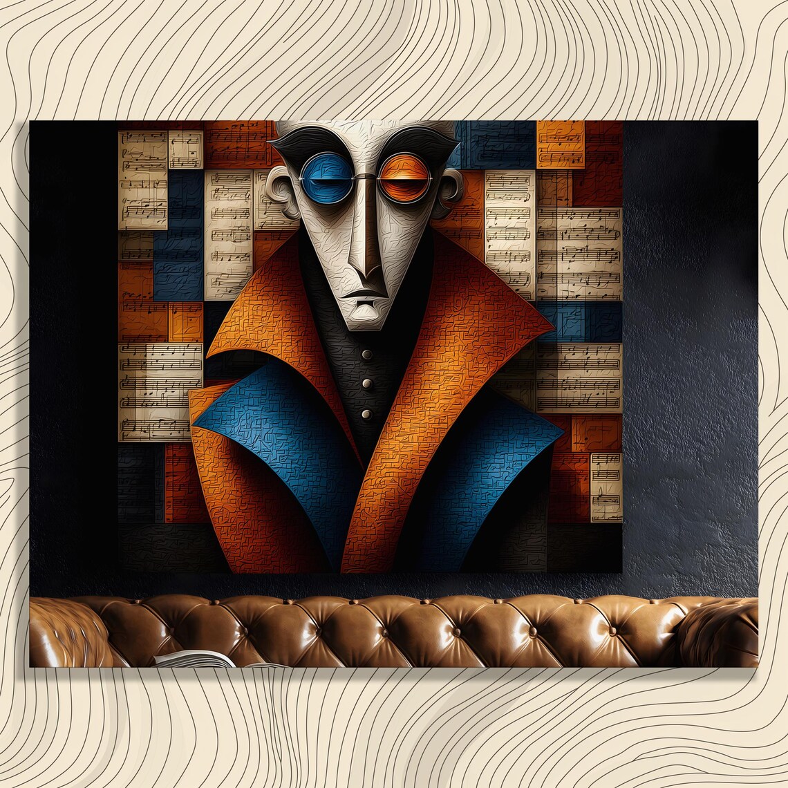 Cubist Music Portrait Poster with Colorful Abstract Face and Sheet Music