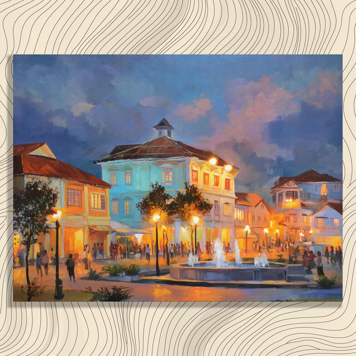 Evening Colonial Town Square Fountain Lamp Glow Painting Poster