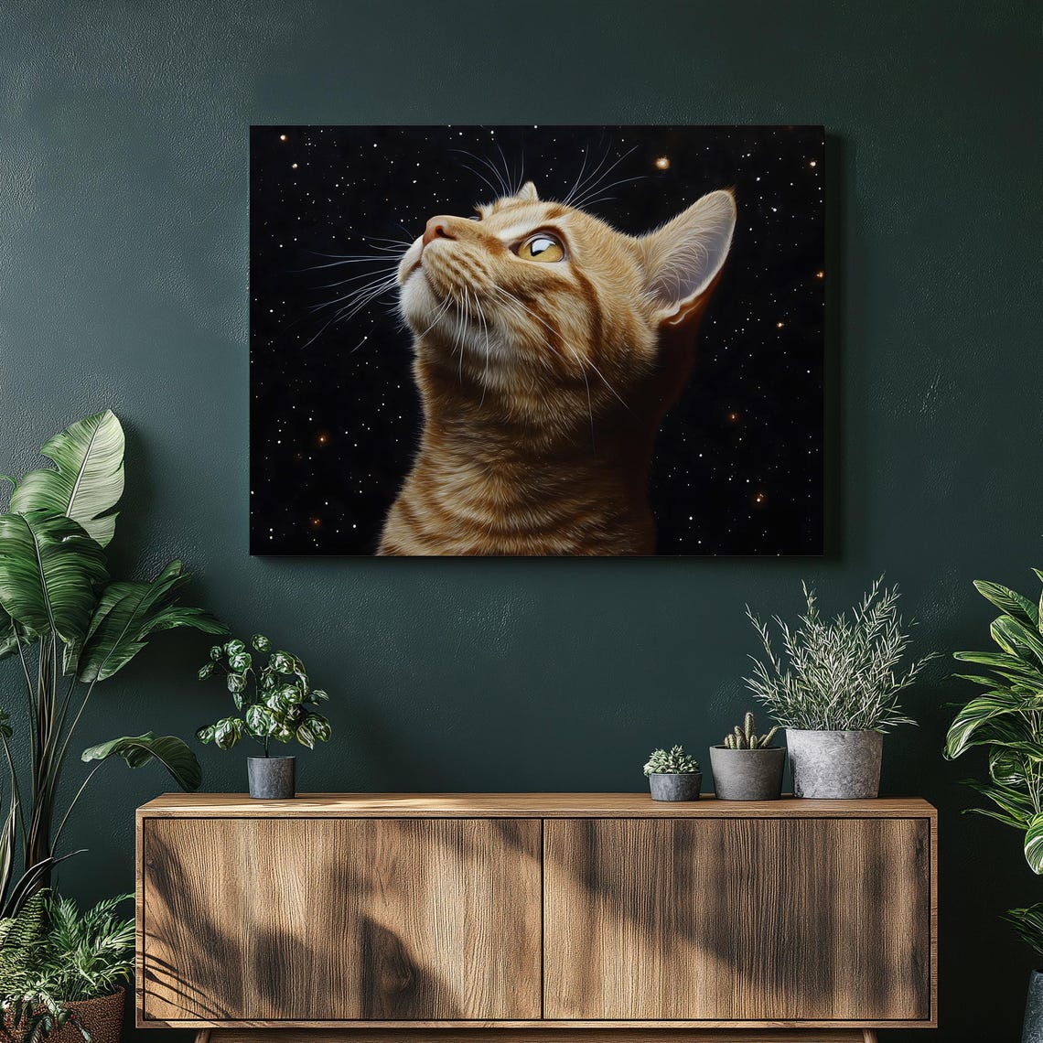 Orange Ginger Tabby Cat Starry Night Sky Portrait Wall Print