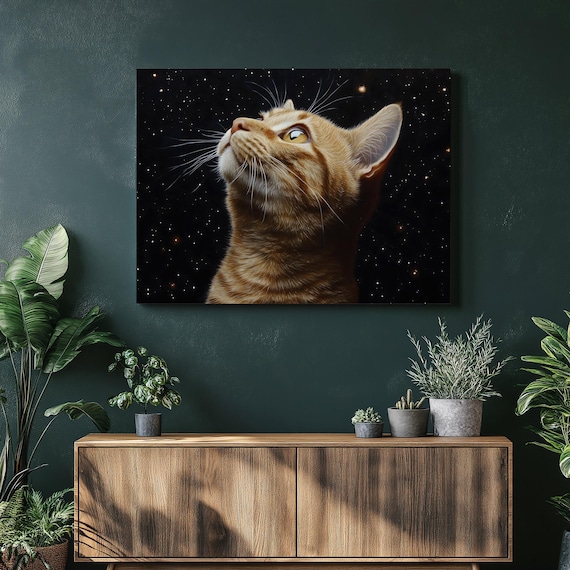 Orange Ginger Tabby Cat Starry Night Sky Portrait Wall Print