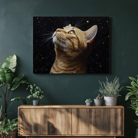 Oriental Shorthair Cat Canvas Wall Art Cosmic Ginger Tabby Portrait In Starry Night Sky Space Decor Modern Pet Lover Gift Print