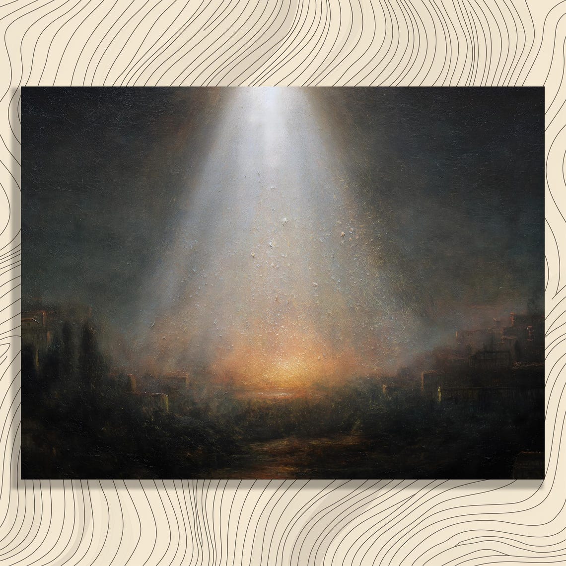 Dramatic Light Beam Over Ancient Ruins Dark Romantic Landscape Poster