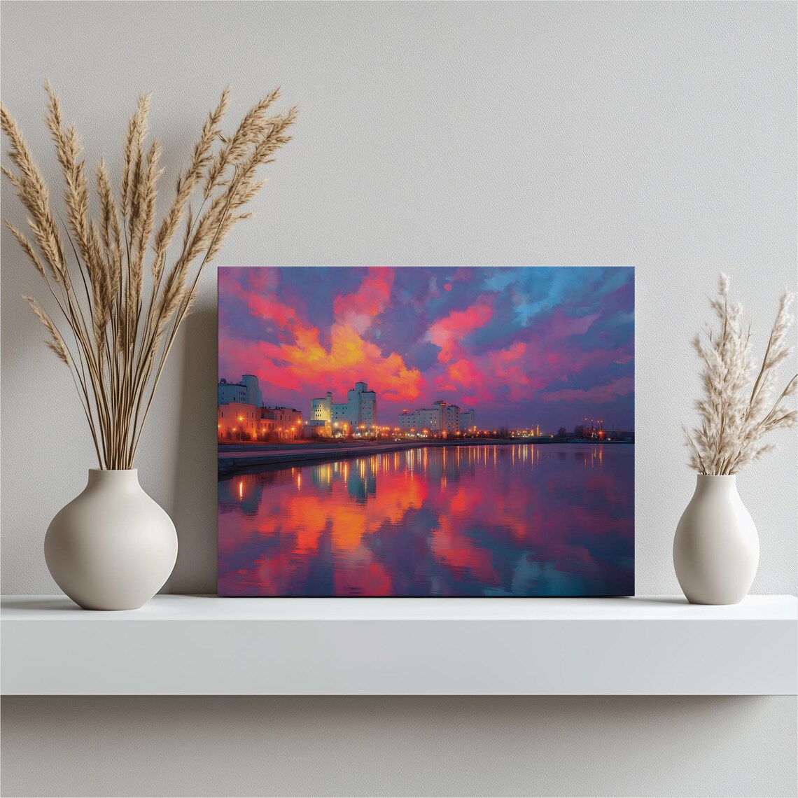 Vibrant Cityscape Sunset Canvas Wall Art City Skyline Print Harbor Reflection Colorful Modern Urban