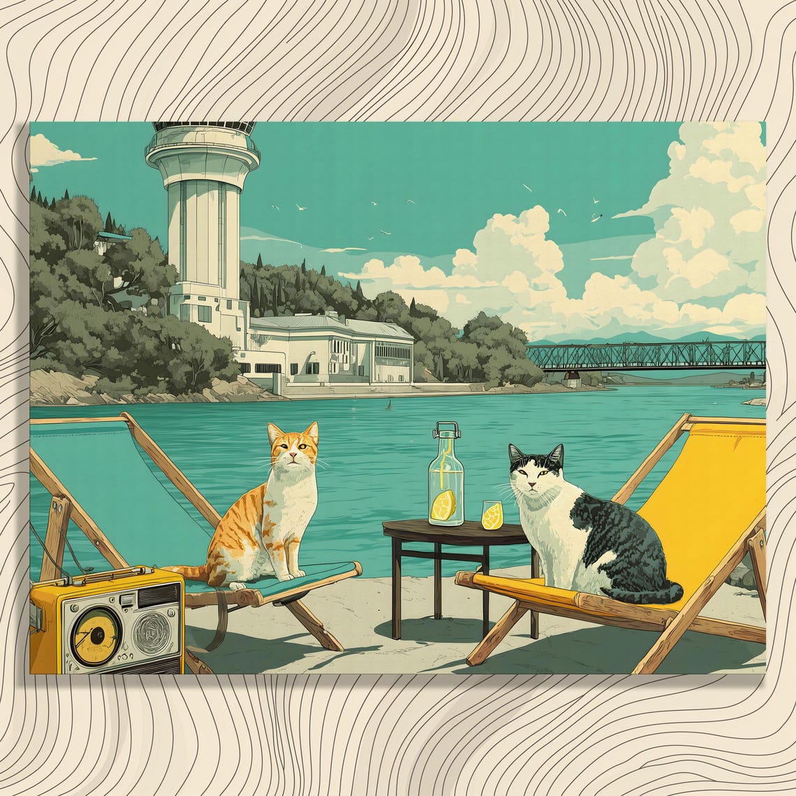 Two Cats Lounging on Beach Chairs by the River Retro Travel Wall Art
