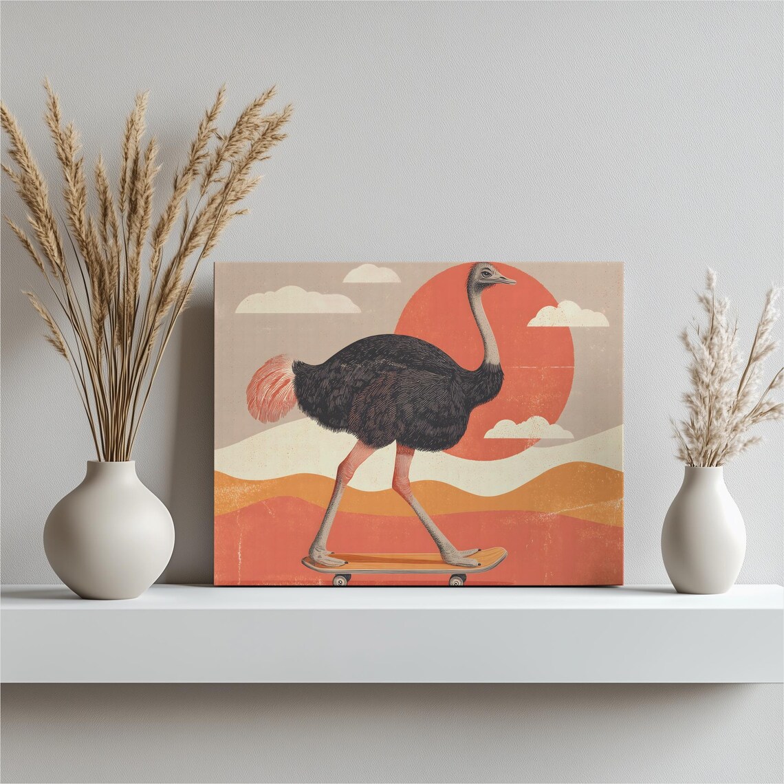 Ostrich Riding Skateboard Retro Sunset Surreal Desert Bird Art Poster
