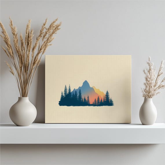 Minimal Mountain Sunset Canvas Wall Art Modern Neutral Landscape Print Forest Silhouette Scandinavian Decor Nature Gift For Home