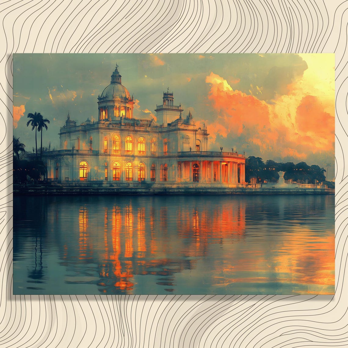 Grand Palace Sunset Glowing Windows Water Reflection Art Poster