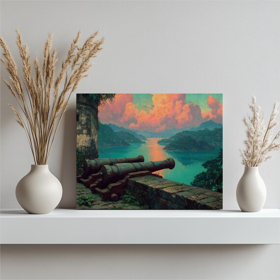 Fortress Cannons Overlooking Tropical Bay Sunset Seascape Poster
