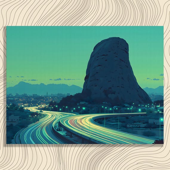 Nigeria Zuma Rock Canvas Wall Art Dusk Highway Cityscape Panoramic Landscape Print With Teal Green Lights Abuja Skyline Modern Home Decor