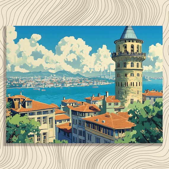 Vibrant Cityscape Canvas Wall Art Tower View Over City Skyline Watercolor Impressionism Print Modern Gift Decor Coastal Water Reflections