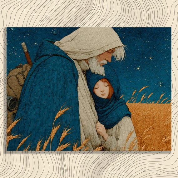 Ruth and Boaz Starry Night Wheat Field Embrace Biblical Story Poster