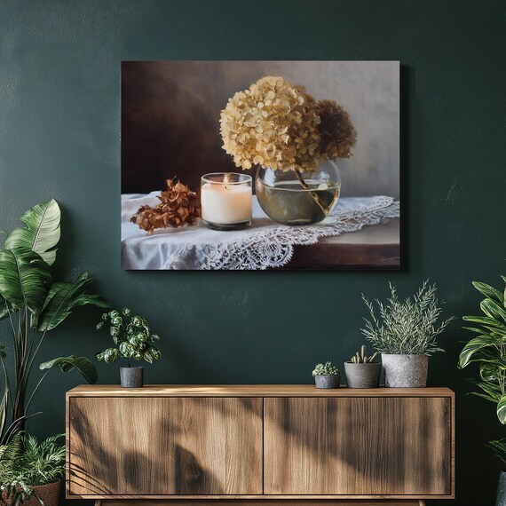 Vintage Hydrangea Still Life Candle Romantic Floral Wall Art
