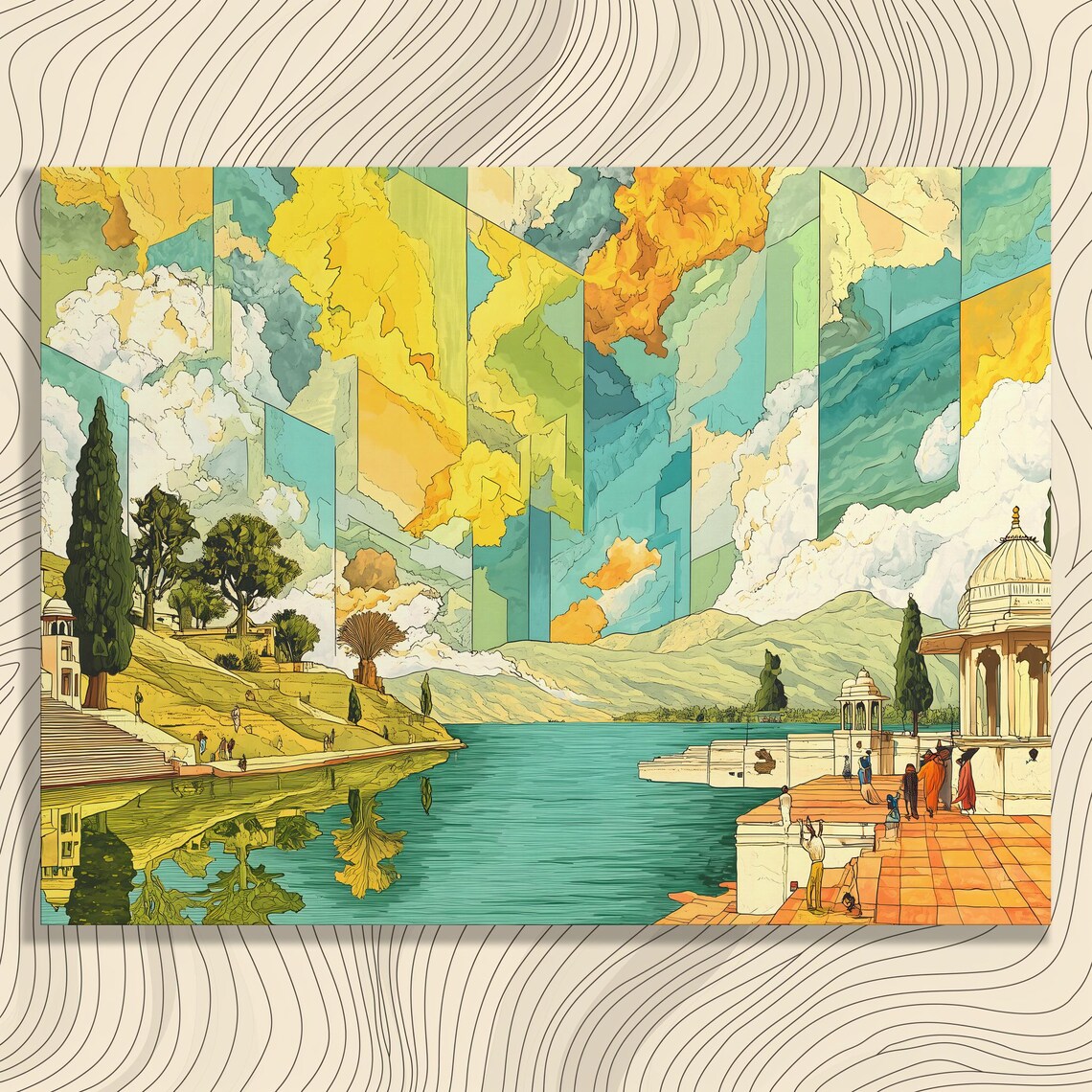 Temple Lake Canvas Wall Art Surreal Ghats Reflection Landscape With Domed Pavilion Steps And Mountains Abstract Sky Artwork