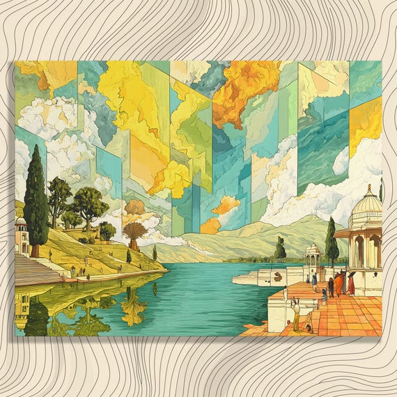 Temple Lake Canvas Wall Art Surreal Ghats Reflection Landscape With Domed Pavilion Steps And Mountains Abstract Sky Artwork