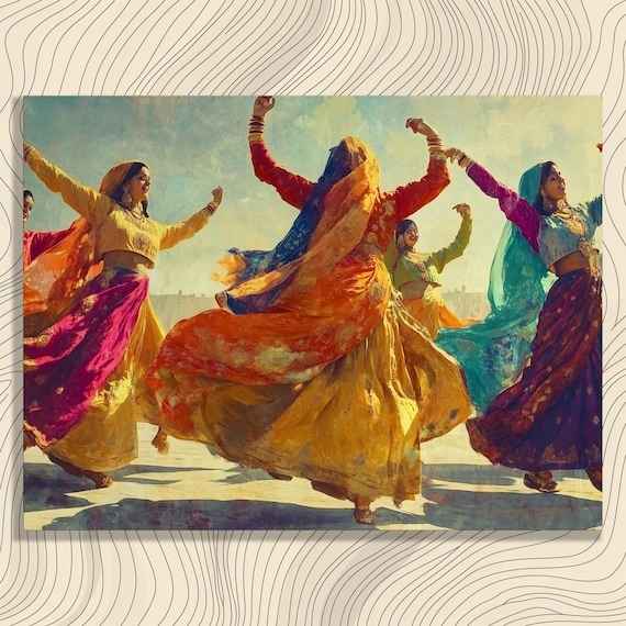 Vibrant Bhangra Dancers South Asian Folk Dance Celebration Print