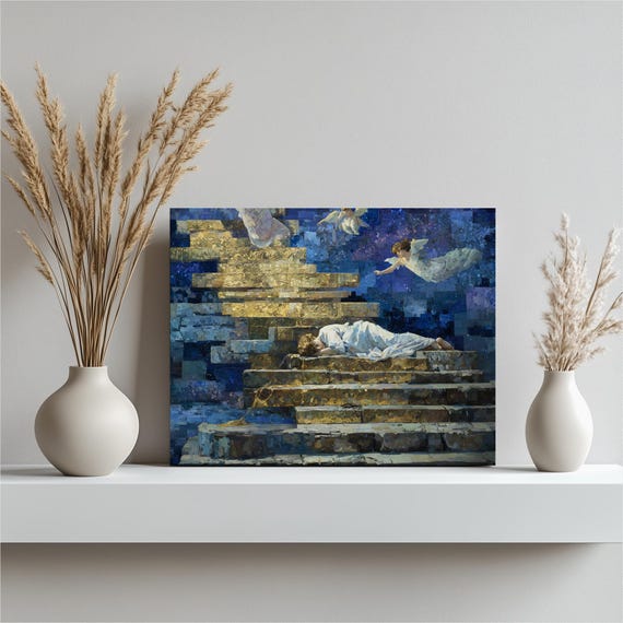 Angelic Dreamscape Canvas Wall Art Blue Gold Mosaic Starry Sky Cherub Angels Print Celestial Painting Decor Fantasy Gift Colorful