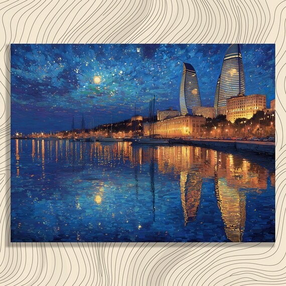 Azerbaijan Canvas Wall Art Vibrant Starry Night Cityscape Print With Modern Skyline Reflection Water Landscape Painting Decor Premium