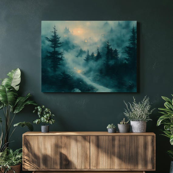 Misty Forest Path Canvas Wall Art Ethereal Foggy Pine Trees With Glowing Mountain Chapels Mystical Landscape Print Moody Nature Decor
