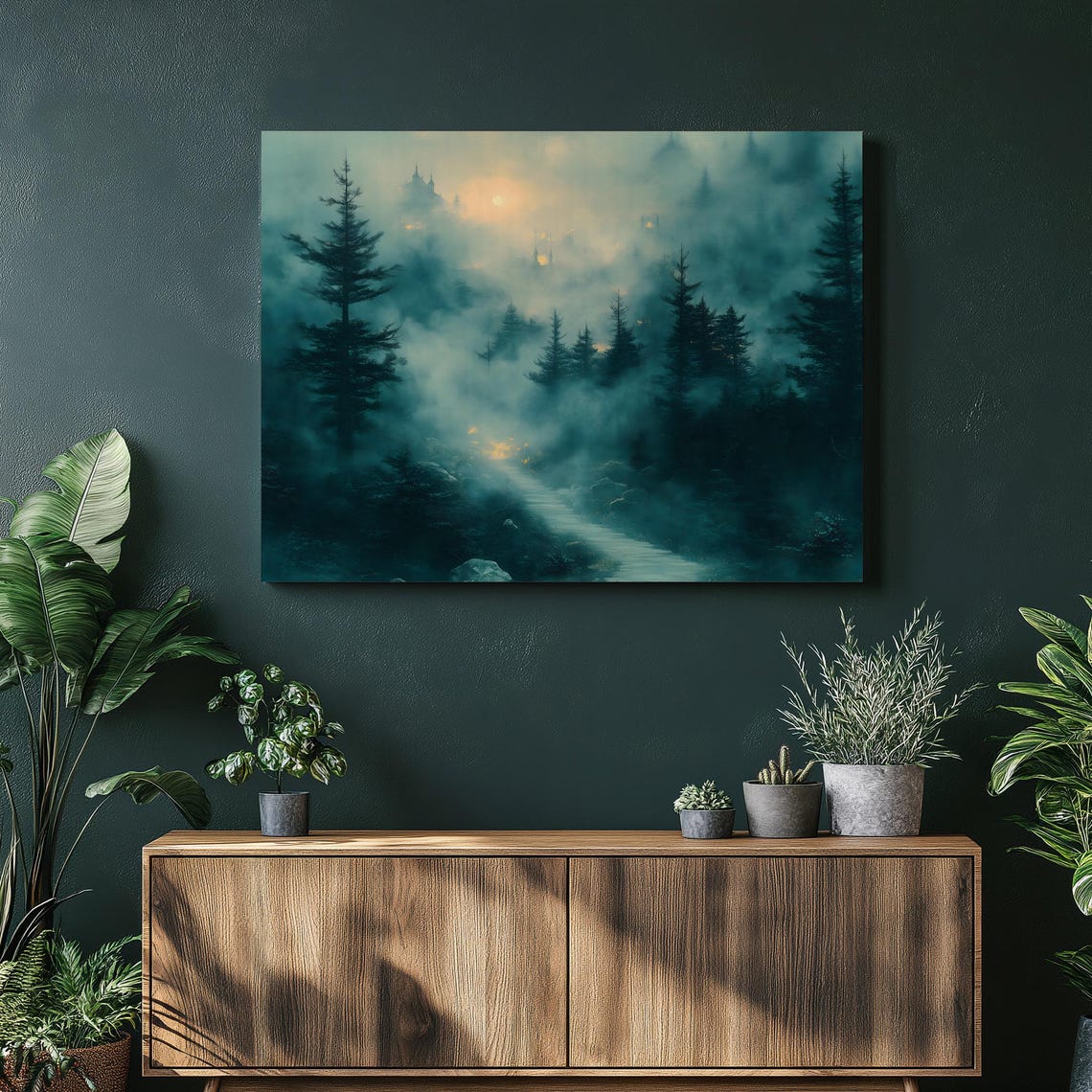 Misty Forest Path Foggy Pine Trees Glowing Fog Landscape Print