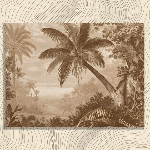 Vintage Sepia Pangolin In Tropical Palm Jungle Engraving Poster