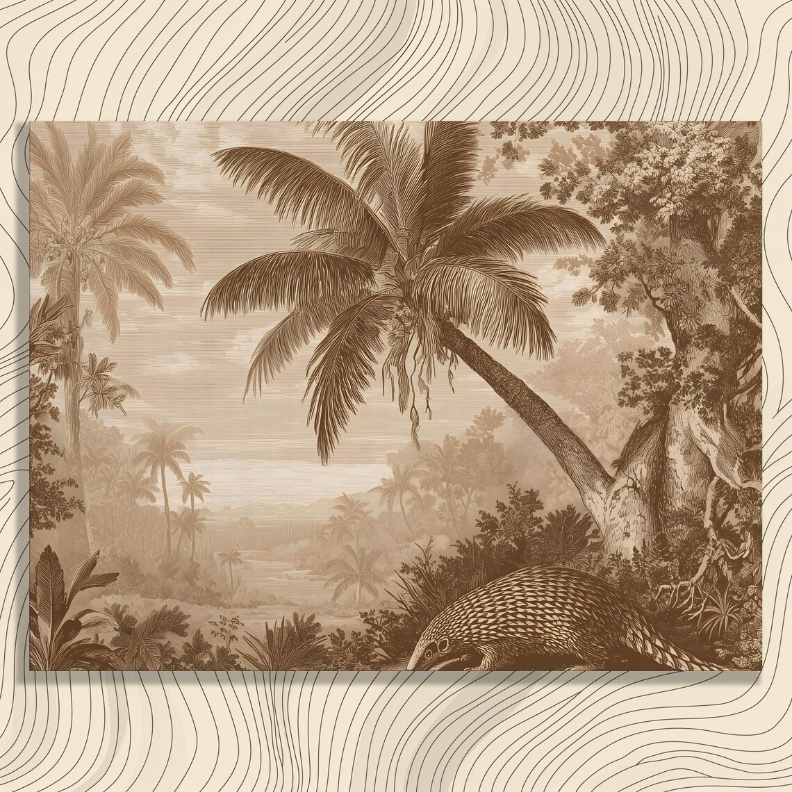 Vintage Sepia Pangolin In Tropical Palm Jungle Engraving Poster