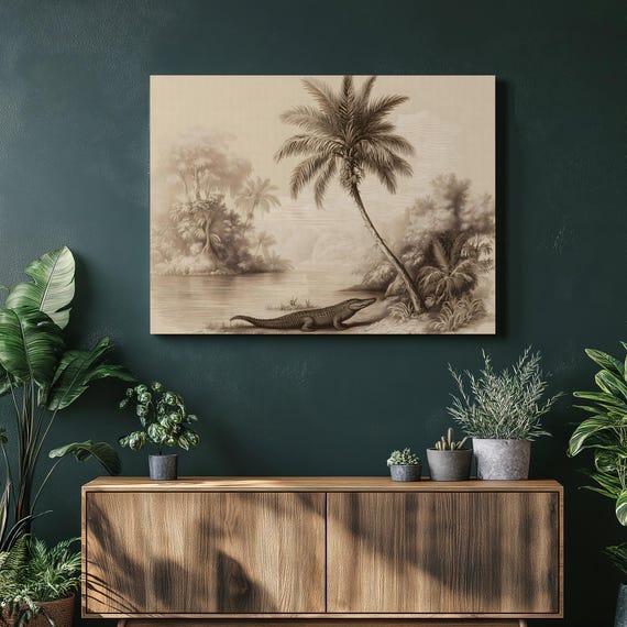 Crocodile Canvas Wall Art Vintage Tropical River Jungle Scene Engraving Print Decor Antique Wilderness Animal Illustration