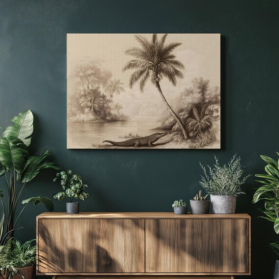 Vintage Crocodile Tropical River Sepia Wildlife Illustration Poster