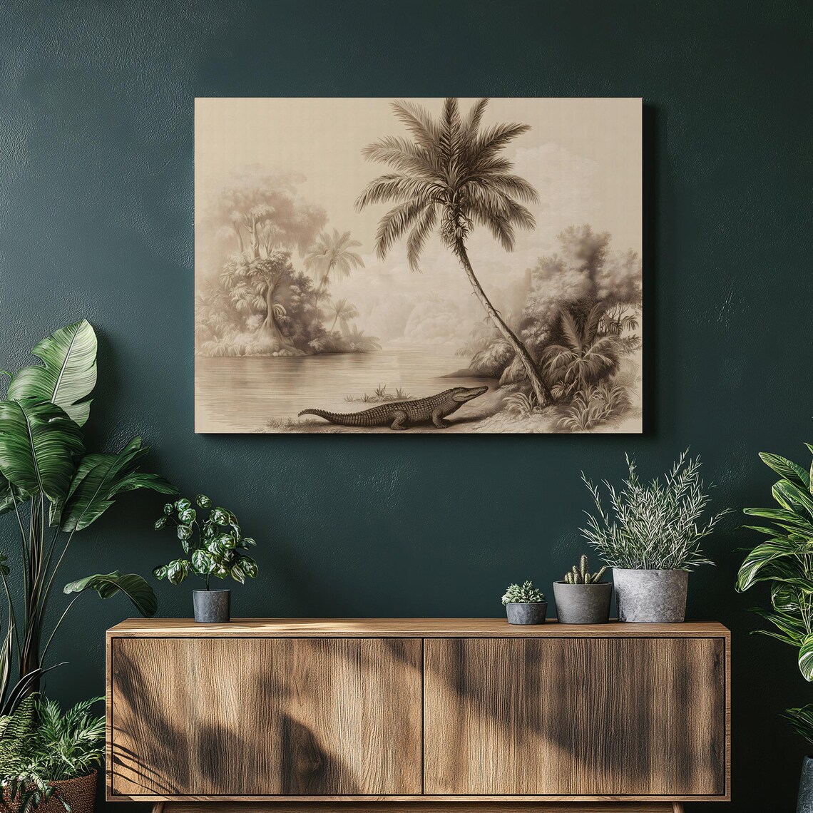 Vintage Crocodile Tropical River Sepia Wildlife Illustration Poster