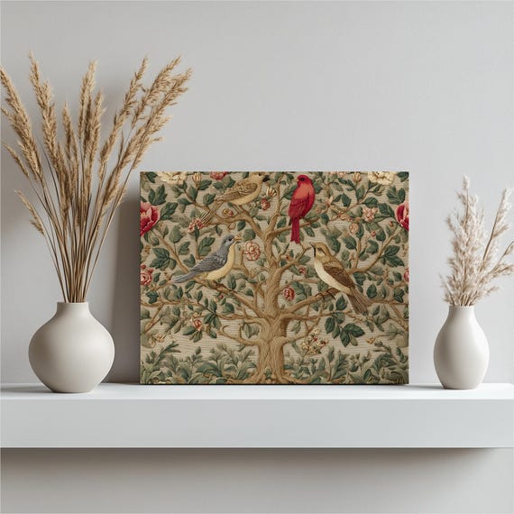 Vintage Bird Tree Canvas Wall Art Victorian Inspired Tapestry Style Botanical Birds And Blossoms Neutral Beige Background Garden Nature