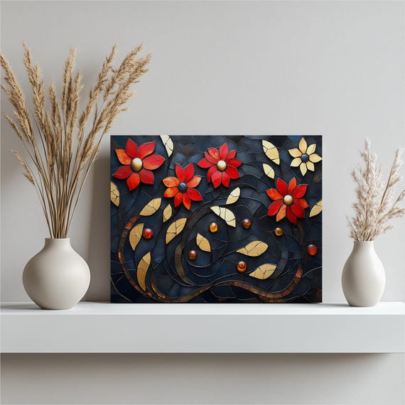 Red Floral Mosaic Canvas Wall Art Swirling Vines And Gold Leaves Botanical Design Dark Flower Decor Modern Boho Large Print