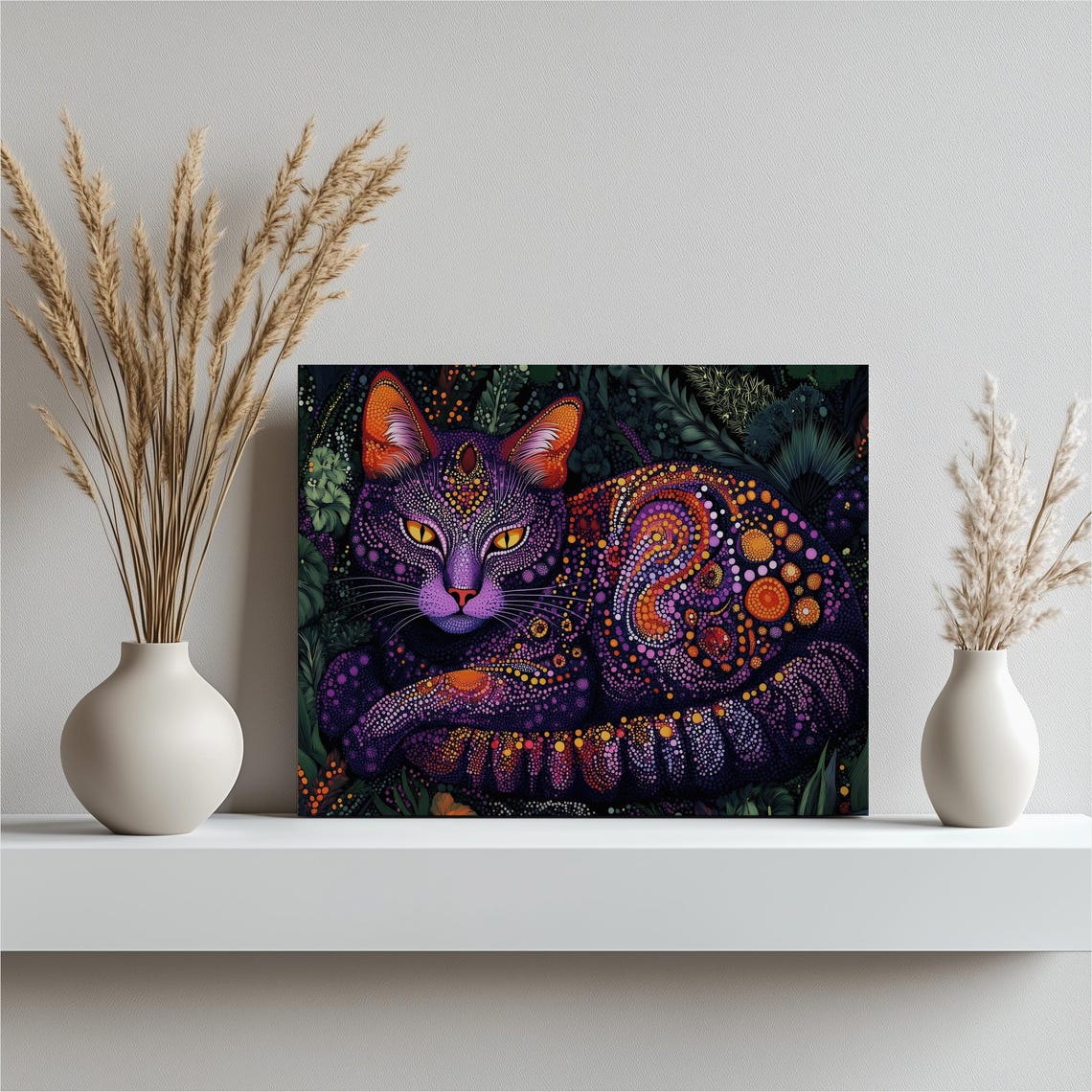 Dot Art Cat Purple Orange Jungle Leaves Psychedelic Feline Poster