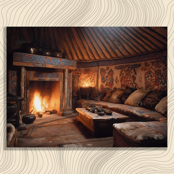 Cozy Boho Fireplace Canvas Wall Art Rustic Yurt Interior Print Bohemian Decor Warm Hearth Painting Cabin Style Gift Housewarming Idea