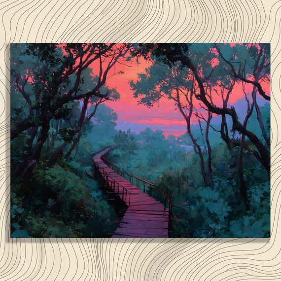 Forest Boardwalk at Sunset Mystical Pink Sky Nature Path Wall Art
